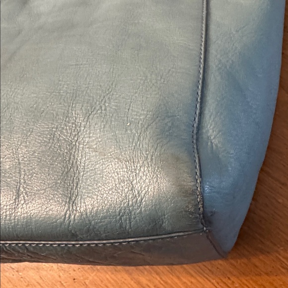 FOSSIL Rachel Large Leather Tote With Zipper Light Blue Brown Handles Brass Trim - Picture 6 of 16